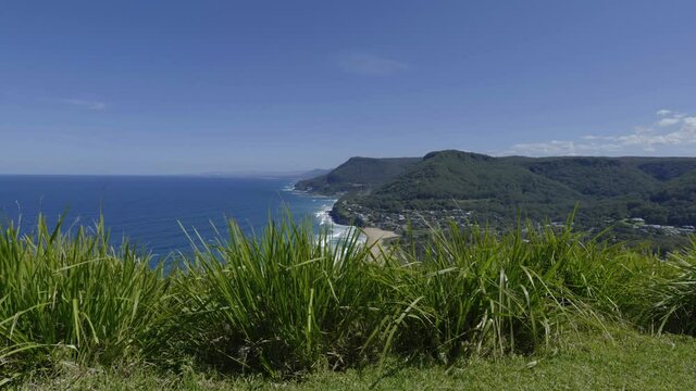 beach and grass from a cliff. waves crashing. 