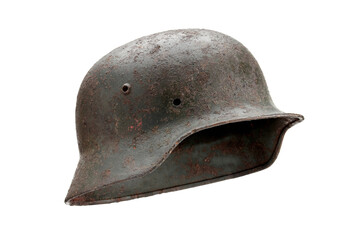 Second World War helmet of German soldier isolated on white.