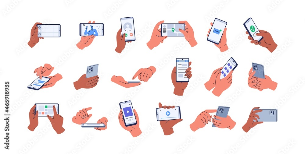 Poster hands holding mobile phones set. fingers touching, tapping, scrolling smartphone screens, using appl