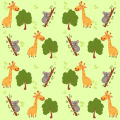 Seamless Giraffe With Tree And Koala Pattern Background.