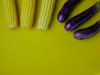 Corn and eggplant isolated on a yellow background. for the concept of healthy food and vegetables. flat lay look