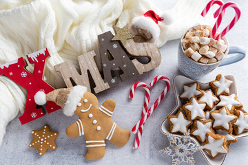 Gingerbread with mug of hot chocolate and christmas candy cane.