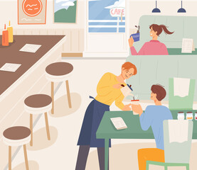 Coffee shop interior. Cafe guests and staff. flat design style vector illustration.