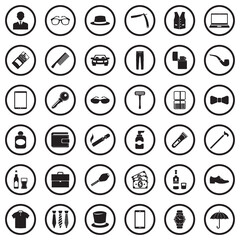 Man Accessories Icons. Black Flat Design In Circle. Vector Illustration.
