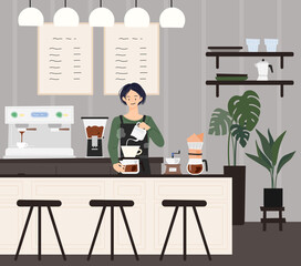 A barista doing hand drips in a cafe. flat design style vector illustration.