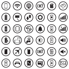 Mobile Phone Icons. Black Flat Design In Circle. Vector Illustration.