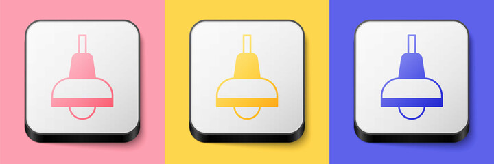 Isometric Lamp hanging icon isolated on pink, yellow and blue background. Ceiling lamp light bulb. Square button. Vector