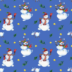 seamless watercolor pattern with snowmen, stars and twigs on a colored background.