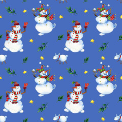 seamless watercolor pattern with snowmen, stars and twigs on a colored background.