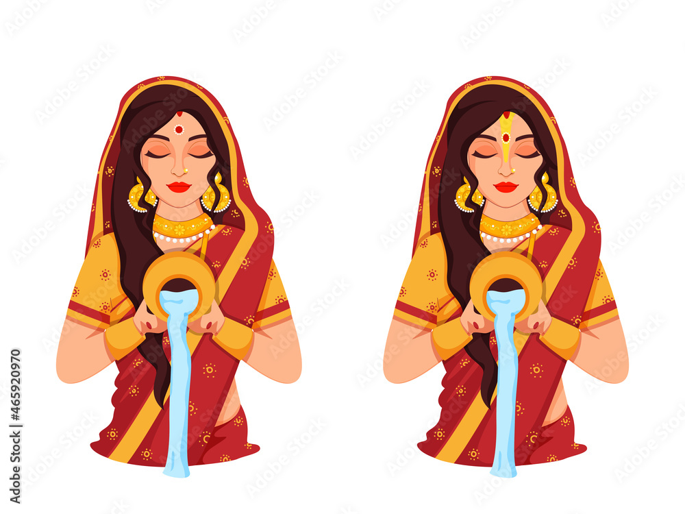 Poster beautiful indian young woman praying offer to water in two options.