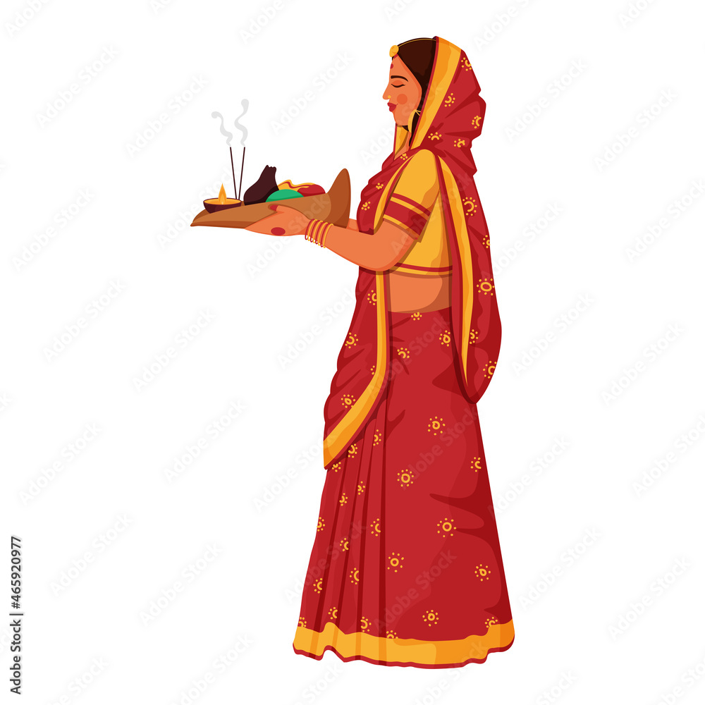 Poster Side View Of Indian Young Woman Holding Bamboo Basket Soop For Chhath Puja.