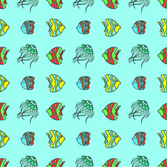 Vector seamless pattern with sea fish. Creative design with color fish on the color background. Vector illustration. Textile pattern, print pattern. wrapping-paper with sea fish