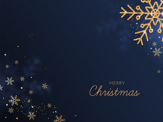 Golden Merry Christmas Font With Glittering Snowflakes And Stars Decorated On Blue Background.