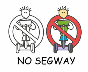 Funny vector stick man with a electrical hover board in children's style. No hoverboard or scooter sign red prohibition. Stop symbol. Prohibition icon sticker for area places. Isolated on white 