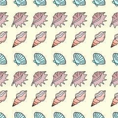 Vector seamless pattern with seashells . Creative design with color shell with pearl on the color background. Vector illustration. Textile pattern/ Color seashells. Sea pattern for wrapping-paper