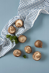 shiitake mushrooms with polka dot kitchen cloth