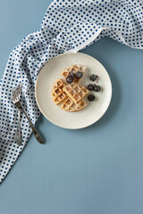Waffles with blueberries and sugar powder toppings