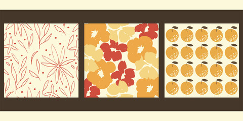 A set of three minimalist posters. Aesthetic vector backgrounds for the decor of premises, offices, applications, sites. Colorful hand drawn illustrations with flowers, thin lines, fruits, oranges.