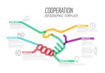 Infographic cooperation template made from lines and icons with handshake - obrazy, fototapety, plakaty