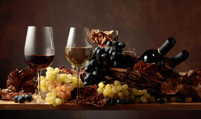 White and red wine with bunches of grapes.