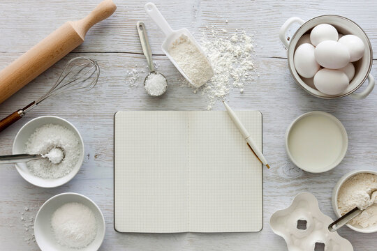 Baking ingredients and blank recipe note