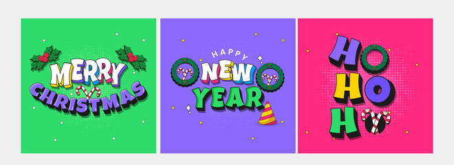 Merry Christmas And Happy New Year Posts Or Template Design In Three Color Options.