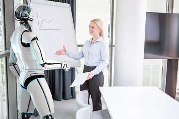 Meeting with a businesswoman and humanoid robot
