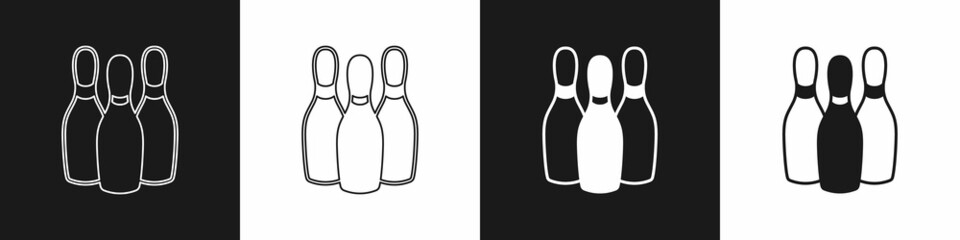 Set Bowling pin icon isolated on black and white background. Juggling clubs, circus skittles. Vector