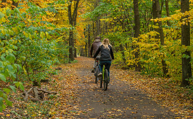 people cycling in the autumn park, riding on the tracks.