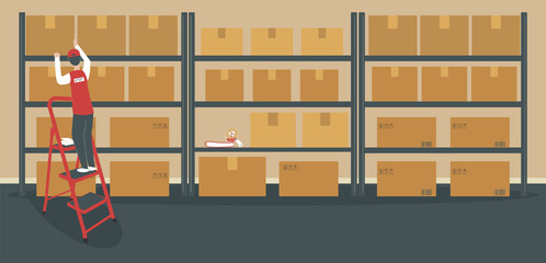 Warehouse or storeroom: storekeeper on ladder near rack with cardboard boxes.Cargo in packages, tape dispenser and folders on shelf, staircase.Place of work for warehouseman.Vector illustration - obrazy, fototapety, plakaty