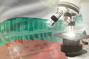 Bulgaria science development digital background - microscope on flag. Research of genetics design concept, 3D illustration of object