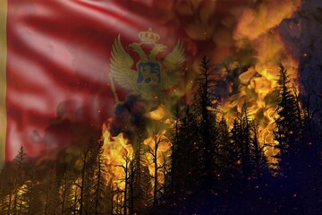 Forest fire fight concept, natural disaster - flaming fire in the woods on Montenegro flag background - 3D illustration of nature