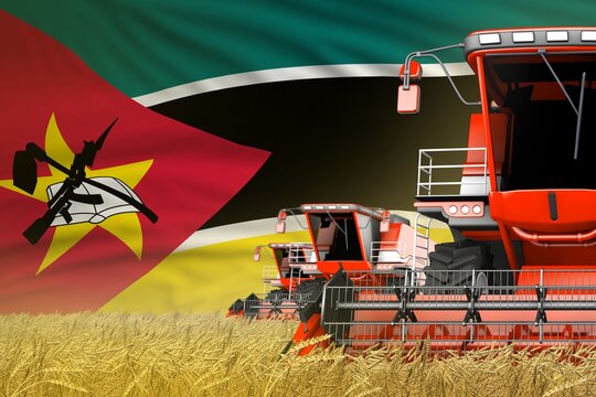 Industrial 3D Illustration Of 3 Red Modern Combine Harvesters With Mozambique Flag On Farm Field - Close View, Farming Concept