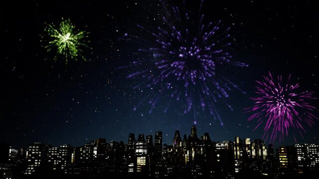 Fireworks at night, over the bay of the city.Digital animation of Colorful fireworks exploding over city.Real Fireworks on Deep Black Background Sky on Fireworks festival show over skyscrapers.