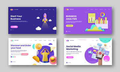 Responsive Landing Page Or Hero Image In Four Options For Business Concept.