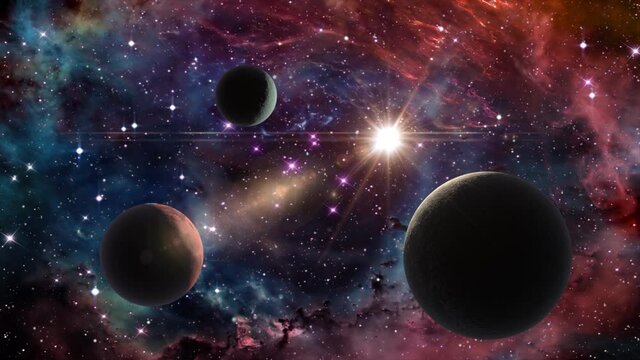 Space background slowly moving through universe among planets galaxies stars and nebulae