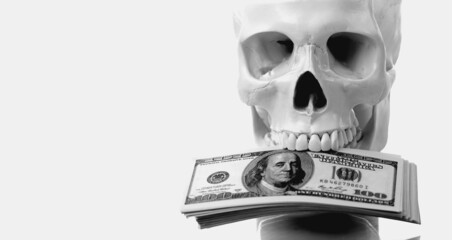 Money, wealth and greed concept. Human skull with money. Room for text. Black and white image.
