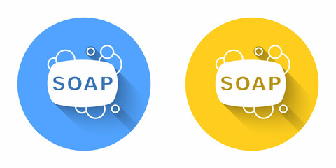 White Bar of soap icon isolated with long shadow background. Soap bar with bubbles. Circle button. Vector