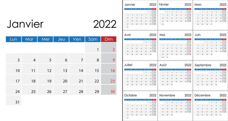 Simple Calendar 2022 on French language, week start on Monday.