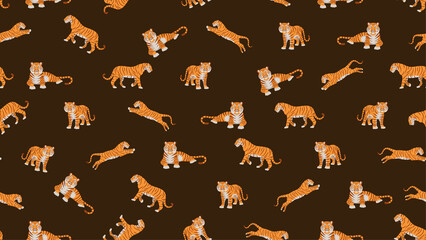 Seamless pattern with tigers. Background for wrapping paper with symbol of tiger for chinese new year and christmas 2022
