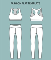 sports wear fashion  flat sketch template, fitness out fit front and back view
