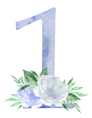 Watercolor blue floral number - digit 1 one with flowers bouquet composition. Number 1 with flowers and greenery