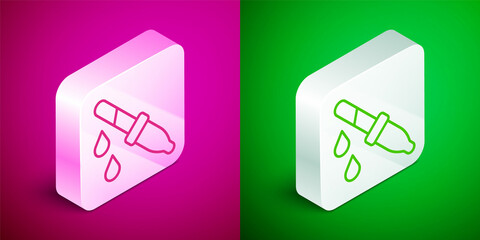 Isometric line Pipette icon isolated on pink and green background. Element of medical, chemistry lab equipment. Medicine symbol. Silver square button. Vector