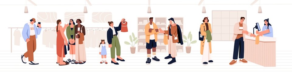 Customers standing in queue to counter with shop assistant. People waiting in line in retail store to buy fashion clothes. Buyers with purchases inside modern mall. Colored flat vector illustration