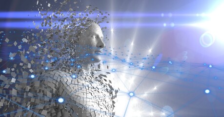 Pixelated 3d rendered image of male cyborg avatar with big global data and artificial intelligence
