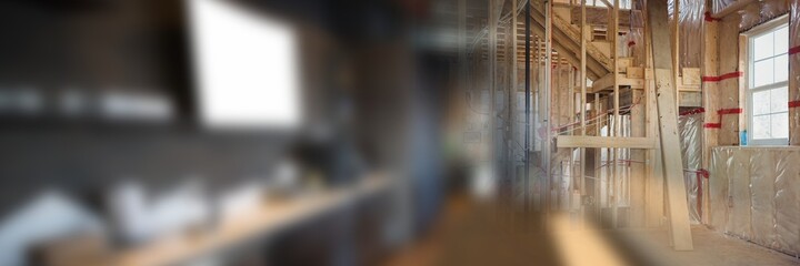 Blurred image of empty corporate office and wooden structures at construction site