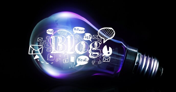 Illustration of illuminated light bulb with social networking icons against black background