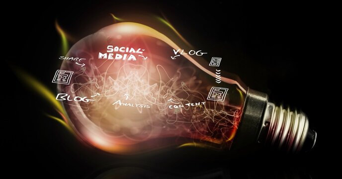 Digitally generated image of burning light bulb with social marketing ideas against black background