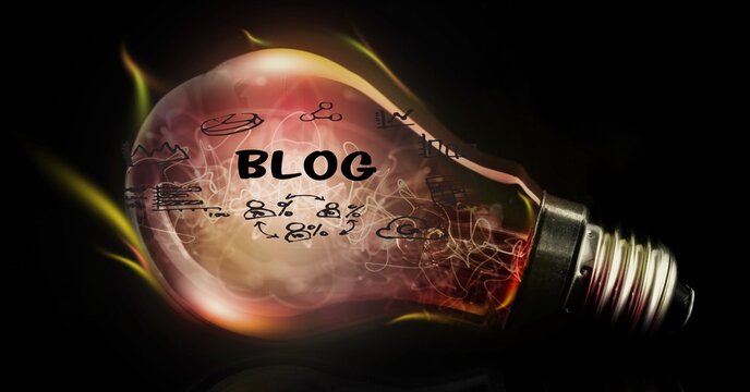 Illustration of glowing light bulb with blog and social networking icons against black background