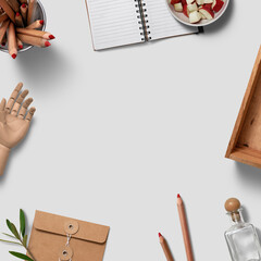 Flatlay items arranged in a circle with whitespace in the middle